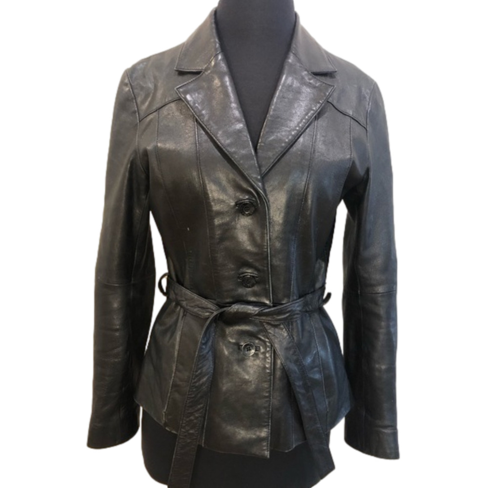 Wilson’s Leather Maxima Black Leather Belted Jacket Women’s Size 6-8